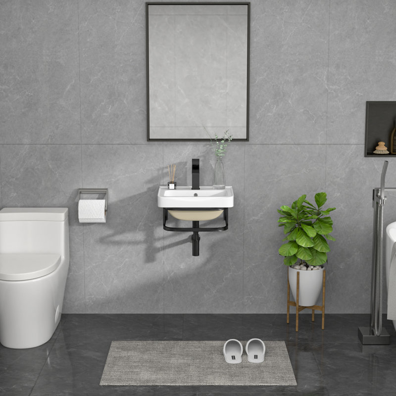 Lavabo de salle de bain mural mural 17 po avec robinet noir mat et porte-serviettes 17 po