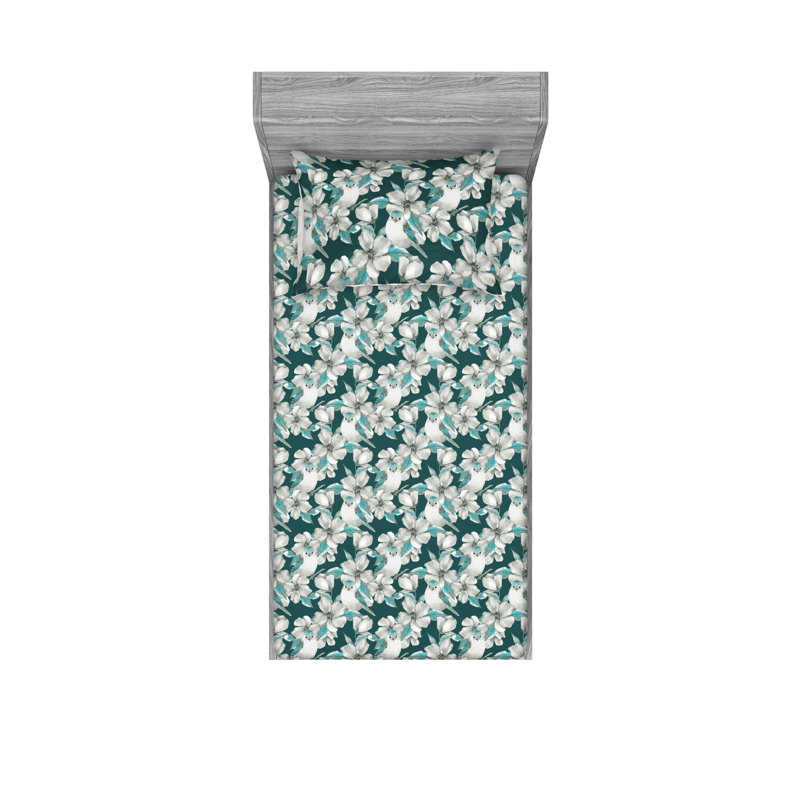 Ambesonne Fitted Sheet & Shams, Twin XL Sheet Set with 1 Pillowcase, Green/Pale Gray Floral