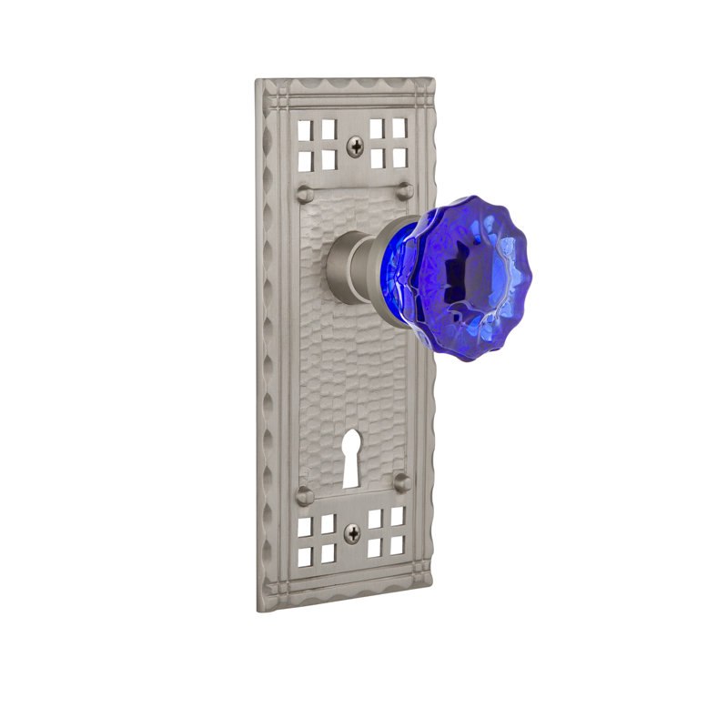 Craftsman Plate with Decorative Keyhole and Crystal Cobalt Door Knob, Satin Nickel