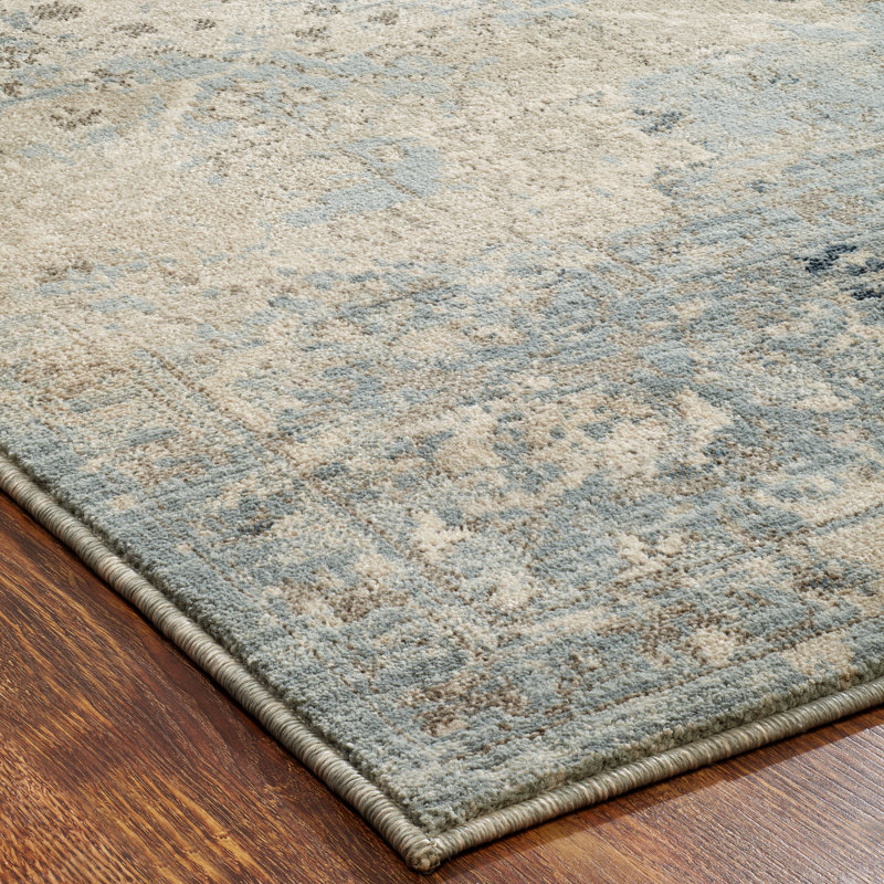 Tapis abstrait ivoire / bleu Tedesco, Tapis de couloir 2 pi 6 po x 8 pi