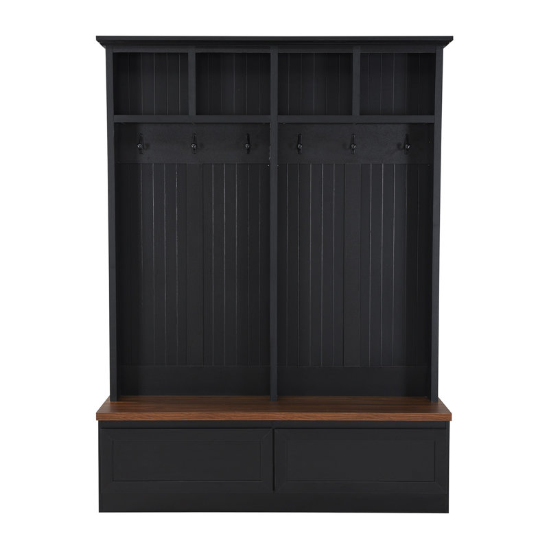 Farmhouse 4-In-1 Hall Tree With Wood Grain Bench - 2 Drawers & Coat Rack For Entryway, Black