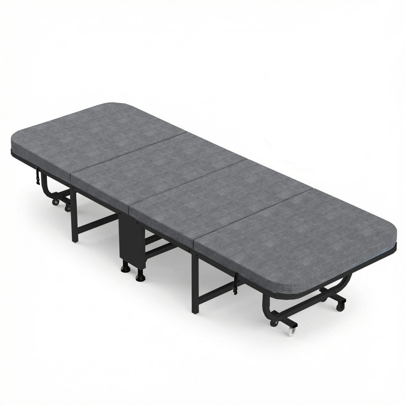 Lit escamotable à 4 sections avec matelas, lit d'invité portable avec roulettes pivotantes verrouillables, Lit simple