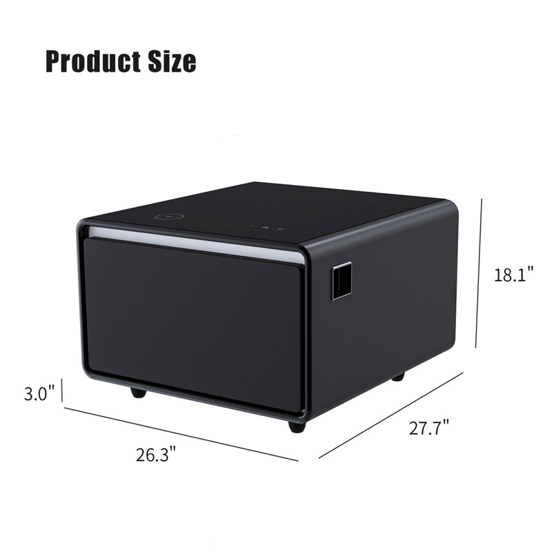Modern Smart Side Table with Built-in Fridge, Wireless Charging, Temperature Control, Power Socket, USB Ports, Outlet Protection, Induction Light, Black