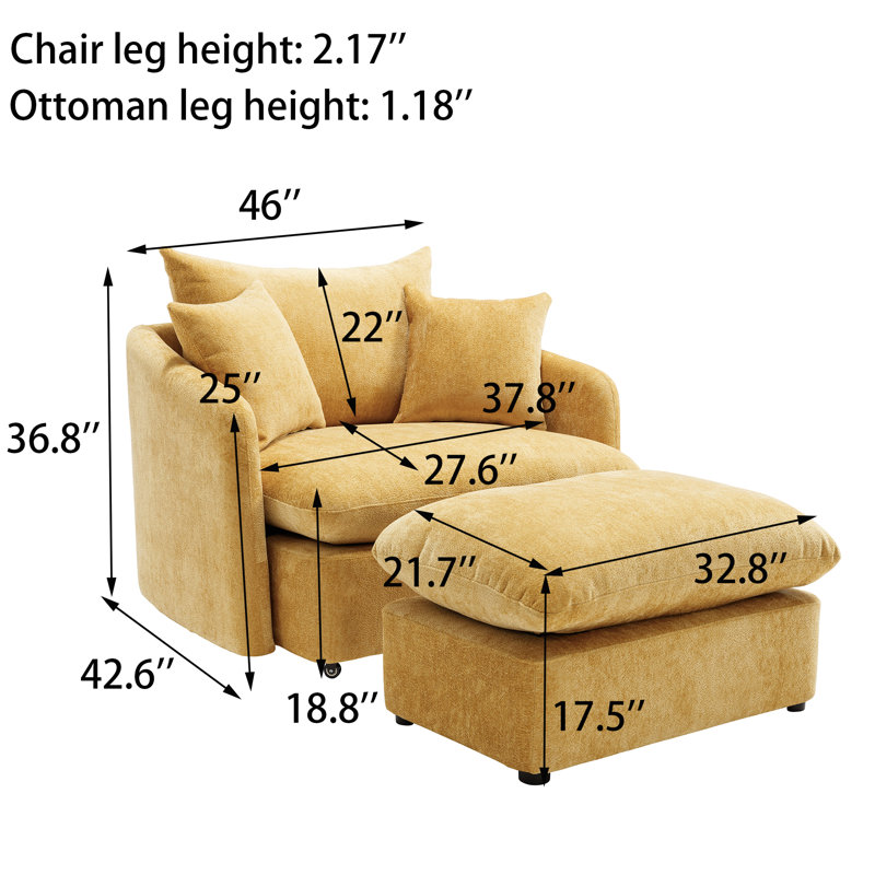 46" Chenille Upholstered Oversized Swivel Armchair With Ottoman, Yellow
