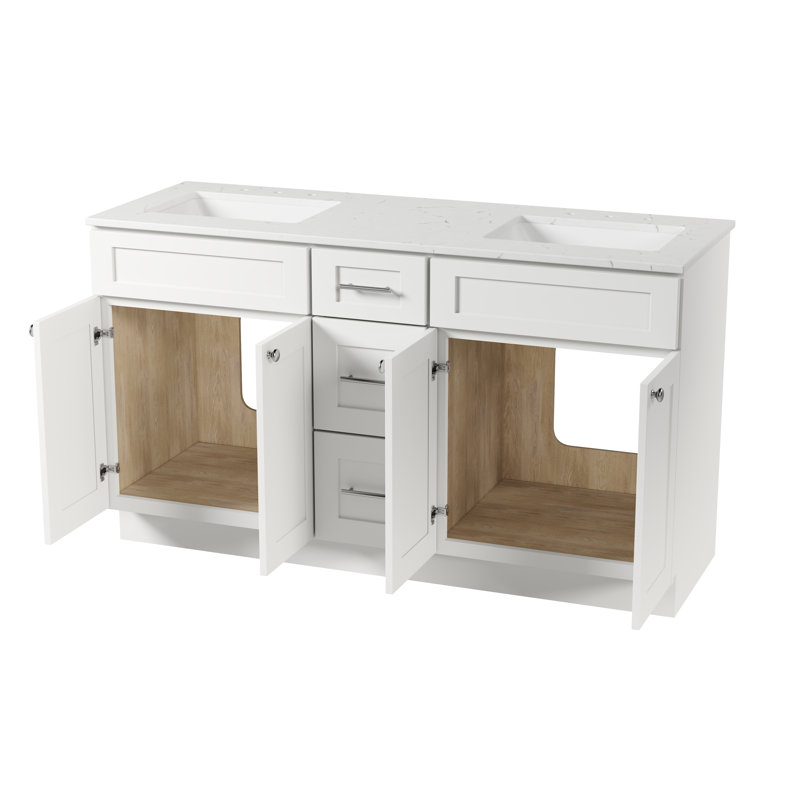 61'' Double Bathroom Vanity with Carrara Quartz Top, White