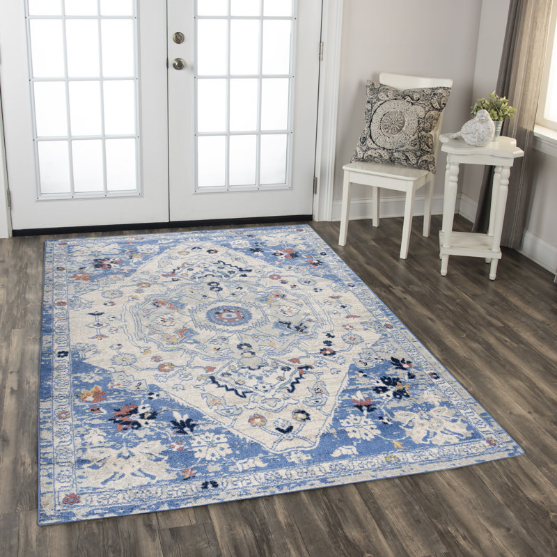 Tapis géométrique rectangulaire bleu en polypropylène tissé à la machine, Rectangle 8 pi x 9 pi 6 po