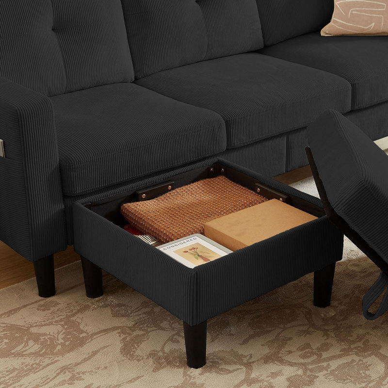 79.14" L Shaped Sofa with Storage Pockets and Reversable Storage Ottoman, Blue