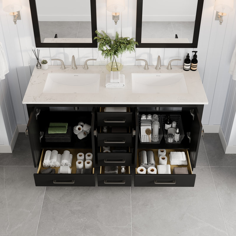 Minnich 60"W x 22"D Espresso Double Sink Bathroom Vanity with White Carrara Countertop and Undermount Porcelain Sinks
