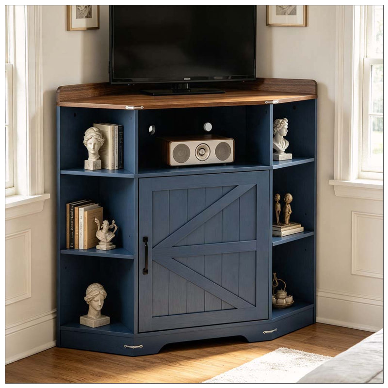 Armoire de coin, tablette de coin avec ports USB et prises de courant, Blue+Brown