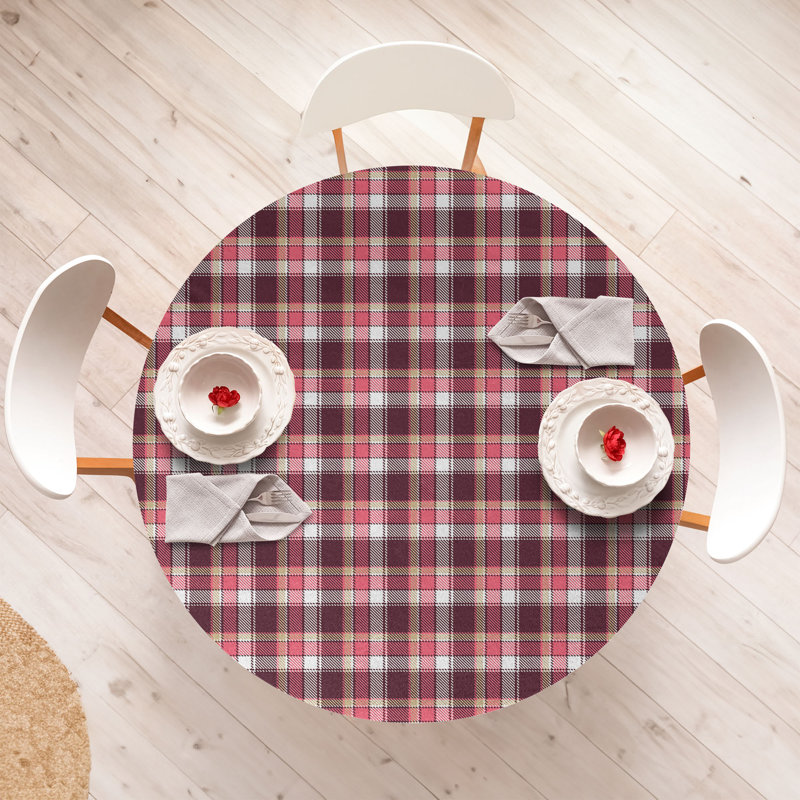 Gracie Oaks Checkered Fitted Round Tablecloth Pink Maroon White, 51.97" Round