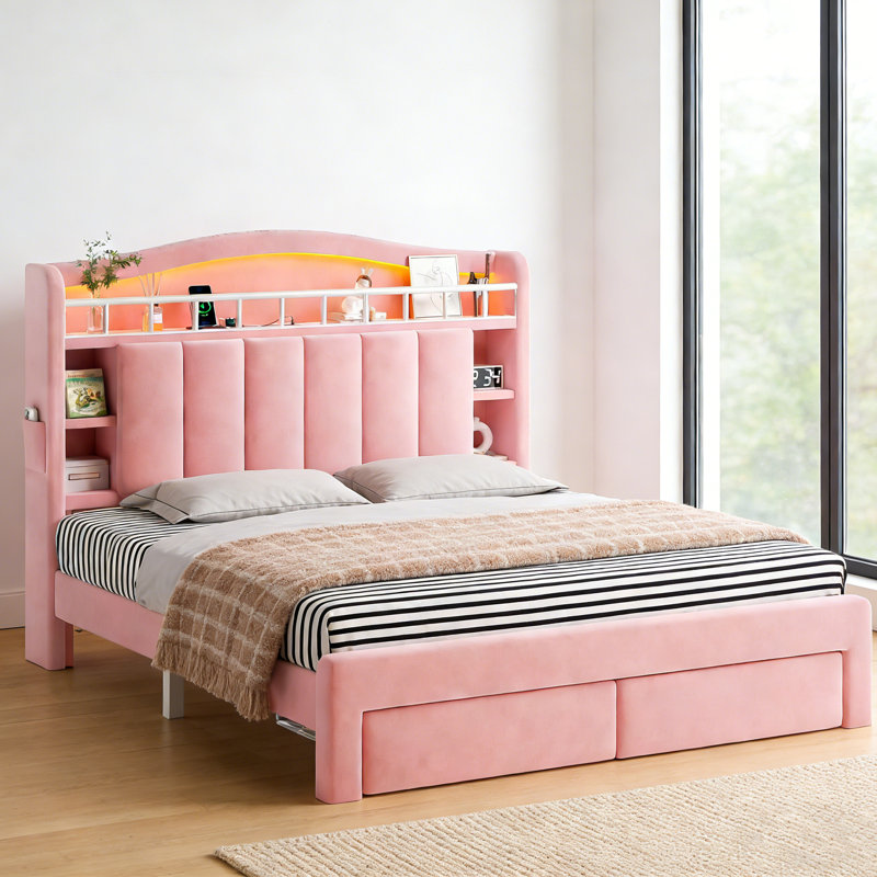 Full Size Upholstered Bed With 2 Drawers, Led Lights & Storage Headboard, Full, Pink