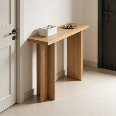 Fluted Solid Wood Console Table With Drawers - Modern Narrow Entryway Table With Curved Cross Base In Natural Oak Finish