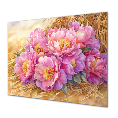 Ferme, pivoines le long de la meule de foin III - reproduction d'art traditionnelle en métal, pivoines, art mural en métal