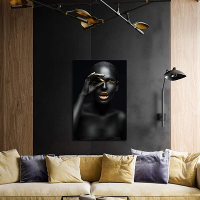 African American Canvas Wall Art, Black and Gold Abstract Beauty Women Portrait Picture Prints Wall Decor, Modern Art Deco for Home Decoration