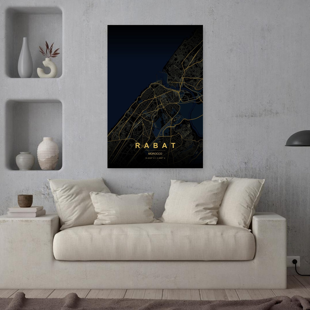 Rabat Golden City Map Abstract Geometric Minimalist City Ocean Wall Art Print