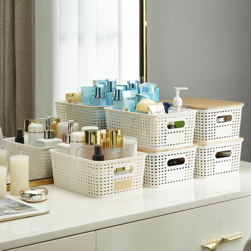 Cream White Plastic Storage Bins with Bamboo Lids