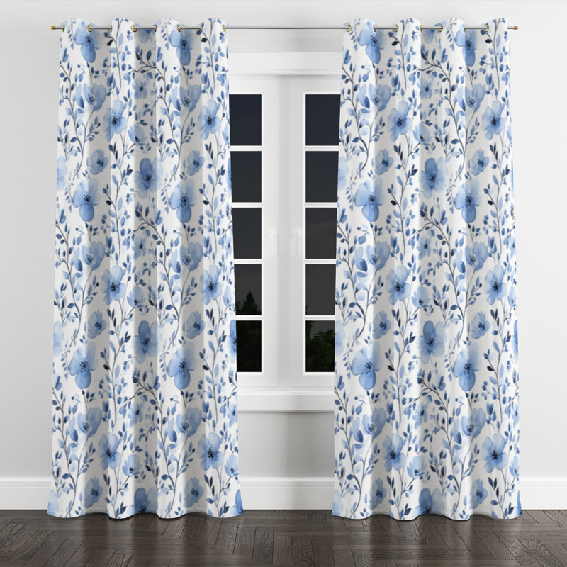 Rideaux de fenêtre Coastal - Rideau à œillets à motif floral bleu - 1 panneau, L 52 po x L 90 po, Œillets dorés
