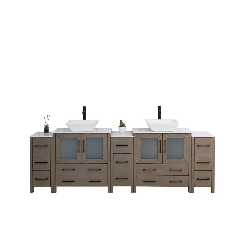 Ensemble de meuble-lavabo autoportant à double cuve 96 "avec plateau en marbre et miroirs assortis Ravenna, Dark Grey