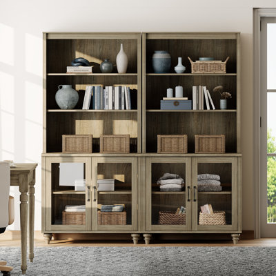 Scarlett 67.7" W 5-Tier Manufactured Wood Bookcase with Glass Storage Cabinets and Gourd Legs (Set of 2) 