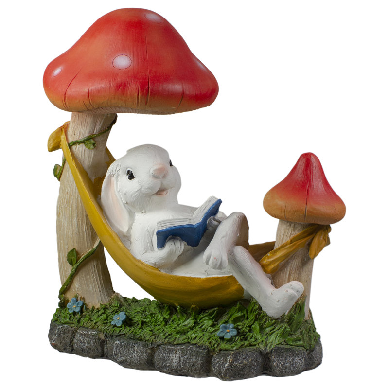 White Bunny in Yellow Hammock with Red Mushrooms Garden Statue