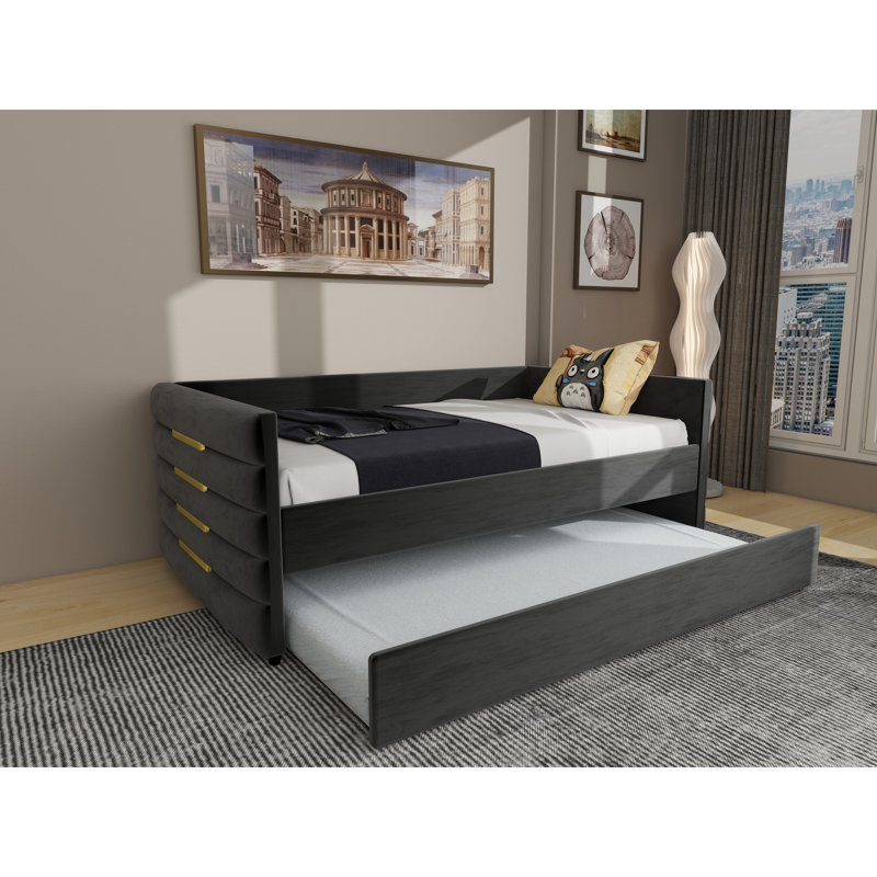 Modern Twin Daybed With Pull - Out Trundle, Black Velvet Bed, Stable Wood And Metal Frame, Ideal For Sleepovers, No Box Spring Upholstered Space Saving Solution Apartments, Construction, Fast Assembly