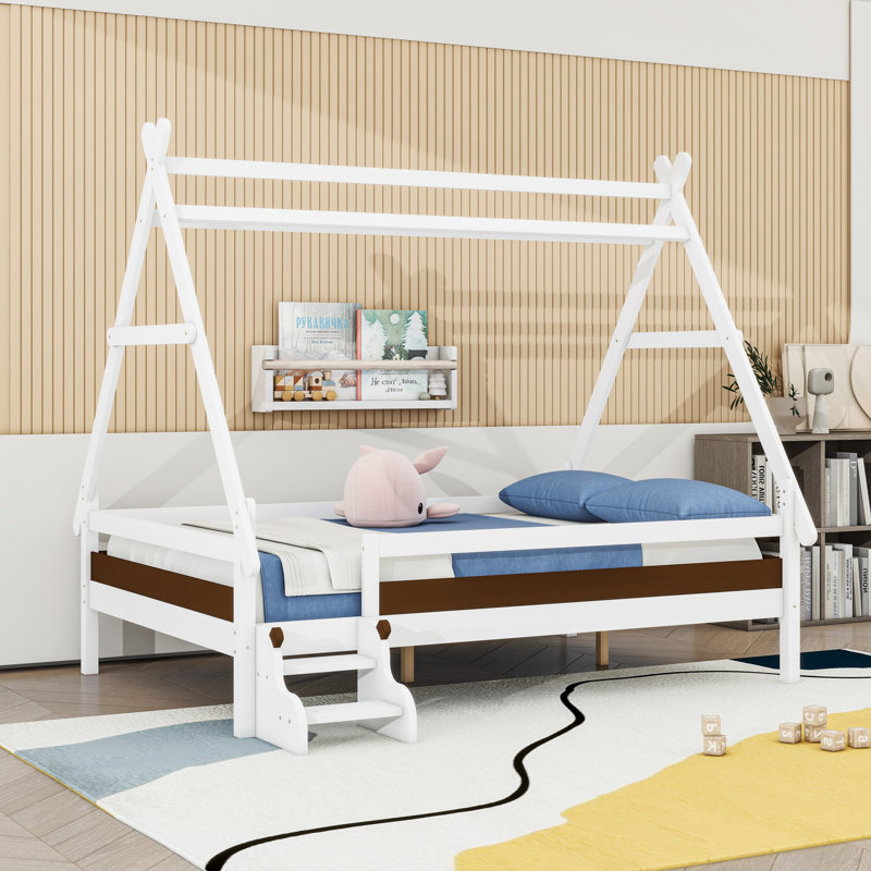 House Platform Bed With Stairs, Full, White