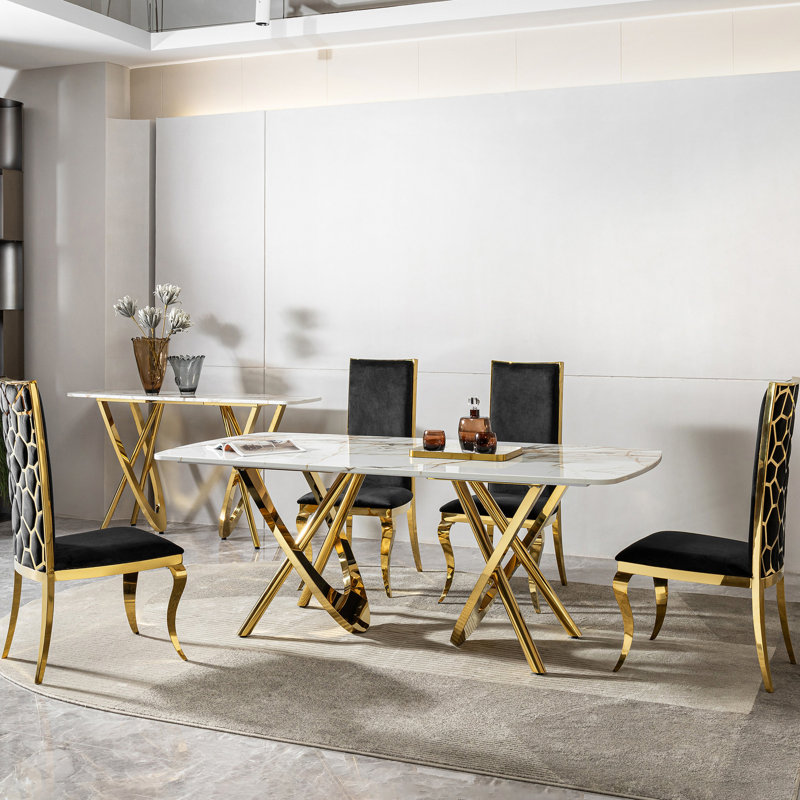 Table rectangulaire en marbre avec fabrication en acier inoxydable doré, pour 6 à 8 sièges