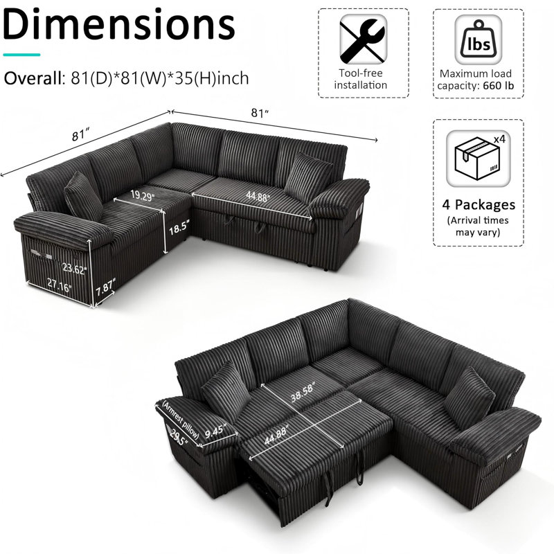 Canapé-lit coulissant avec rangement et charge USB, canapé modulaire en forme de L pour le salon, Gris foncé