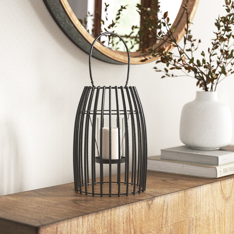Enya Solid Iron and Glass Candle Lantern with Handle, Black, 16" H x 9" W x 9" D