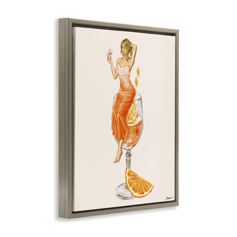 Femme et tranche d'orange cocktail, H 21 po x l 17 po, Cadre flottant orme Montalcino