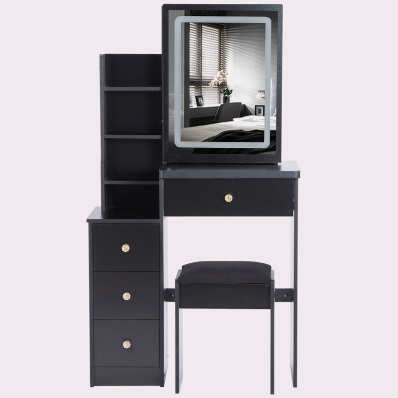 29.2" Small Size Left Bedside Cabinet Vanity Table + Cushioned Stool, Large Sliding, Touch Control, Tri-Color Switching, Brightness Adjust LED Mirror, High Capacity Storage, Suitable For Small Space