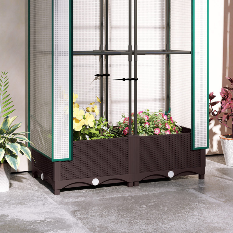 Plastic Raised Garden Bed with Trellis, Outdoor Planter Box with PE Greenhouse Cover, Drainage Holes and Zipper Door for Climbing Plants, Herbs and Vegetables, 48.8", Brown