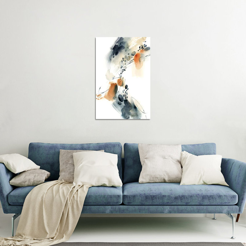 Abstrait en bleu et terre cuite VI, impression sur verre acrylique, H 24 po x l 16 po x P 0,25 po