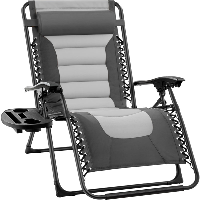 Danny-James Oversized Padded Zero Gravity Chair, Folding Outdoor Patio Recliner w/ Side Tray, Gray/Light Gray