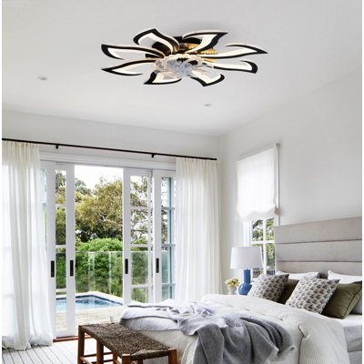 8-blade Modern Geometric Flush Mount Ceiling Fan with Light with 6-Speed Reversible Remote Control, Matte Black