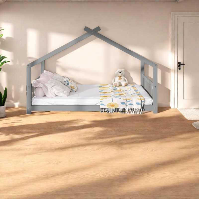 Lit en bois gris peu encombrant, maisonnette moderne pour enfants
