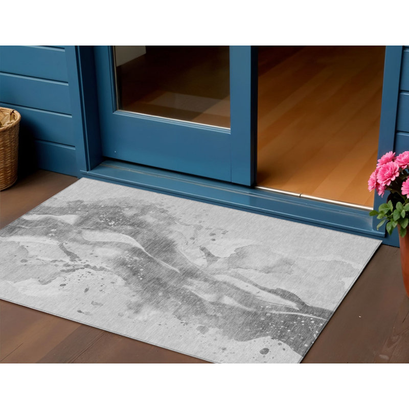 Tapis extérieur lavable abstrait gris et argent 3 pi x 5 pi