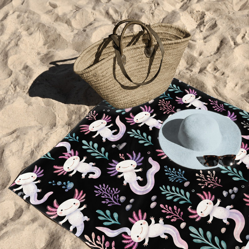 1Pièce serviette de plage Axolotl mignonne, avec des axolotls à l'aquarelle et des éléments botaniques sur fond noir. Grande microfibre, parfaite pour la natation, les voyages, le camping et le unisexe.