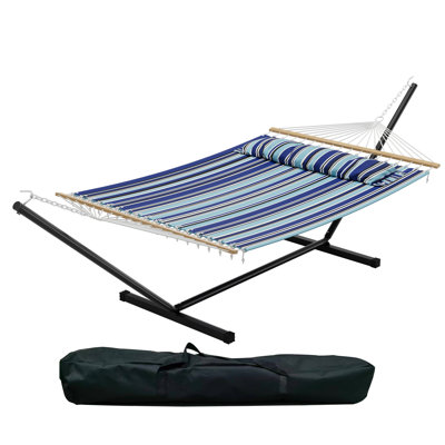 2-Person Brazilian Striped Hammock with Space-Saving Steel Stand, 450 LBS Weight Capacity, Portable Carry Bag, Tool-Free Assembly for Garden, Camping & Beach Use