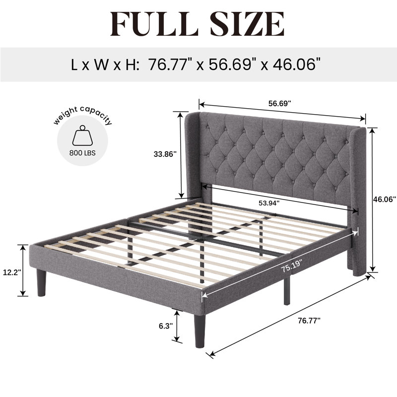Walace Upholstered Wingback Bed, Full, Dark Gray