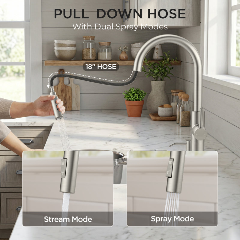 Kitchen Faucet With Pull Down Sprayer, Stainless Steel, Without Soap Dispenser