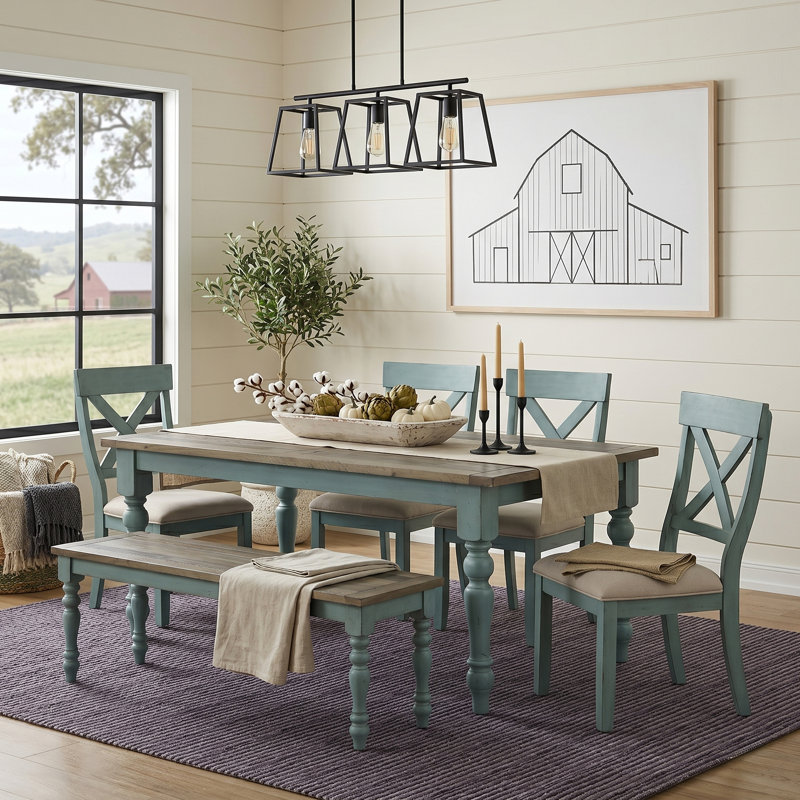 Cierra Four Leg Dining Set, 6 Pieces: 1 Table, 4 Chairs, Bench, Blue