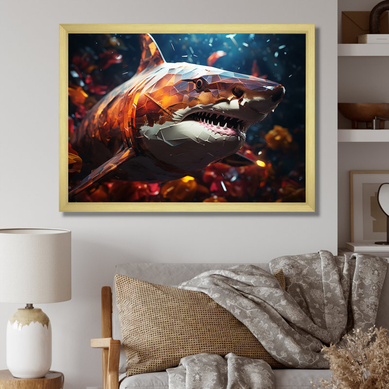 " Blue Shark Predators Glare Geometric I ", Gold Single Picture Framed, 34" H x 44" W x 1.5" D
