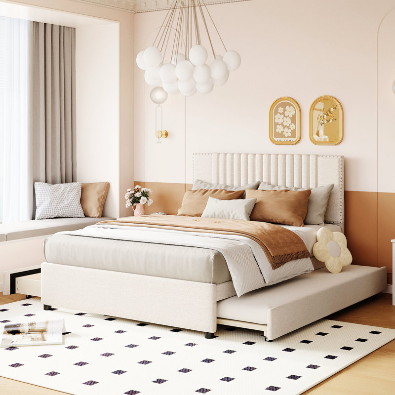 Lit plateforme tapissier beige avec 2 tiroirs et un lit gigogne, style tête de lit classique, matériau solide et contreplaqué, optimise l'efficacité de l'espace, tête de lit à assemblage simple, contreplaqué, extensible