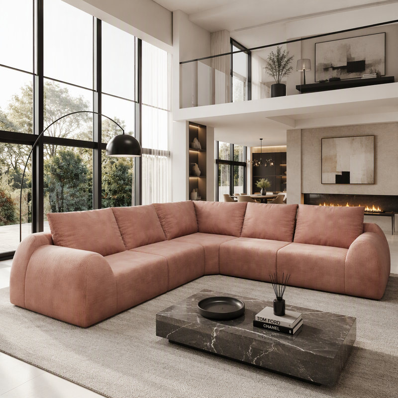 Canapé modulaire en V de 105 pouces avec 5 sièges modulaires et sans assemblage, Pink Chenille, Pink