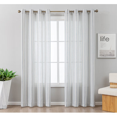 Boho Vertical Striped Linen Textured Semi-Sheer Grommet Curtain Pair