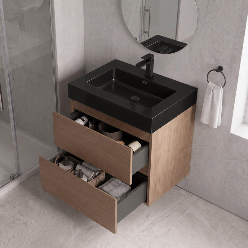 Ensemble de meuble-lavabo simple mural 24 po avec lavabo intégré et 2 tiroirs au fini noyer, 24"