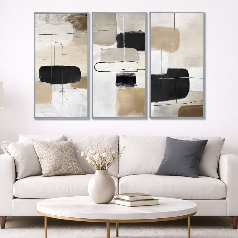 Compositions minimes et géométriques dans des tons naturels - art abstrait Mid-Century 3 pièces, H 40 po x l 60 po