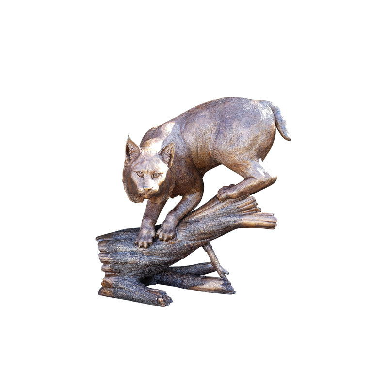 Bobcat Going Down a Tree Log Bronze Statue -  Size: 43"L x 25"W x 41"H. 