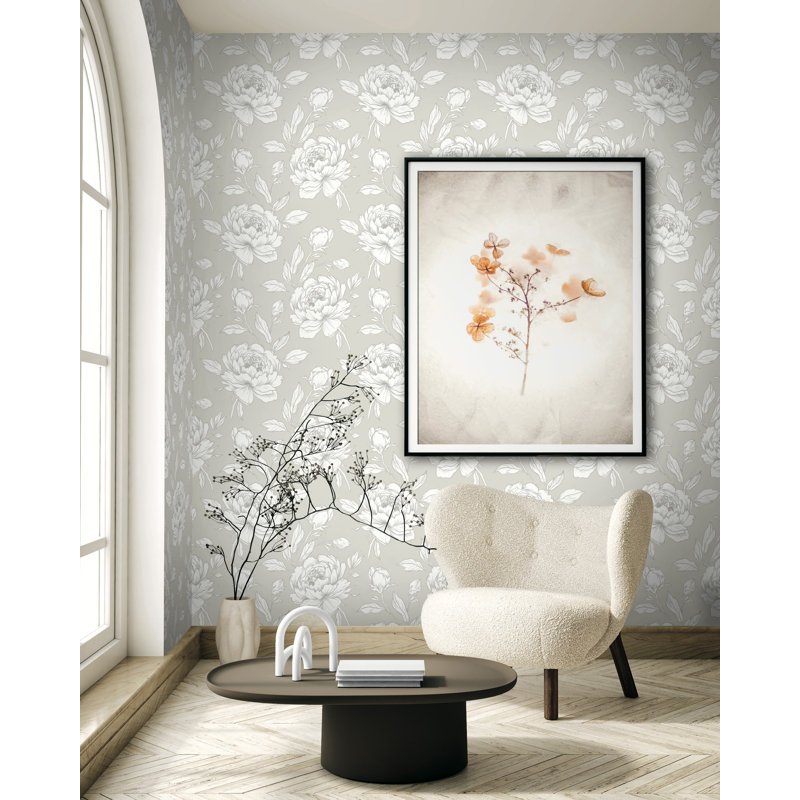Papier peint floral pivoine, Gris / blanc / argent